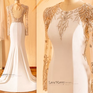 ANZU / Vestido de noiva de mangas compridas com charmoso decote em V aberto nas costas, vestido de noiva justo, vestido de noiva de crepe, vestido de noiva simples