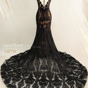 NIETTA / Mermaid Black Lace Wedding Dress, Gothic Gown With Train - Etsy