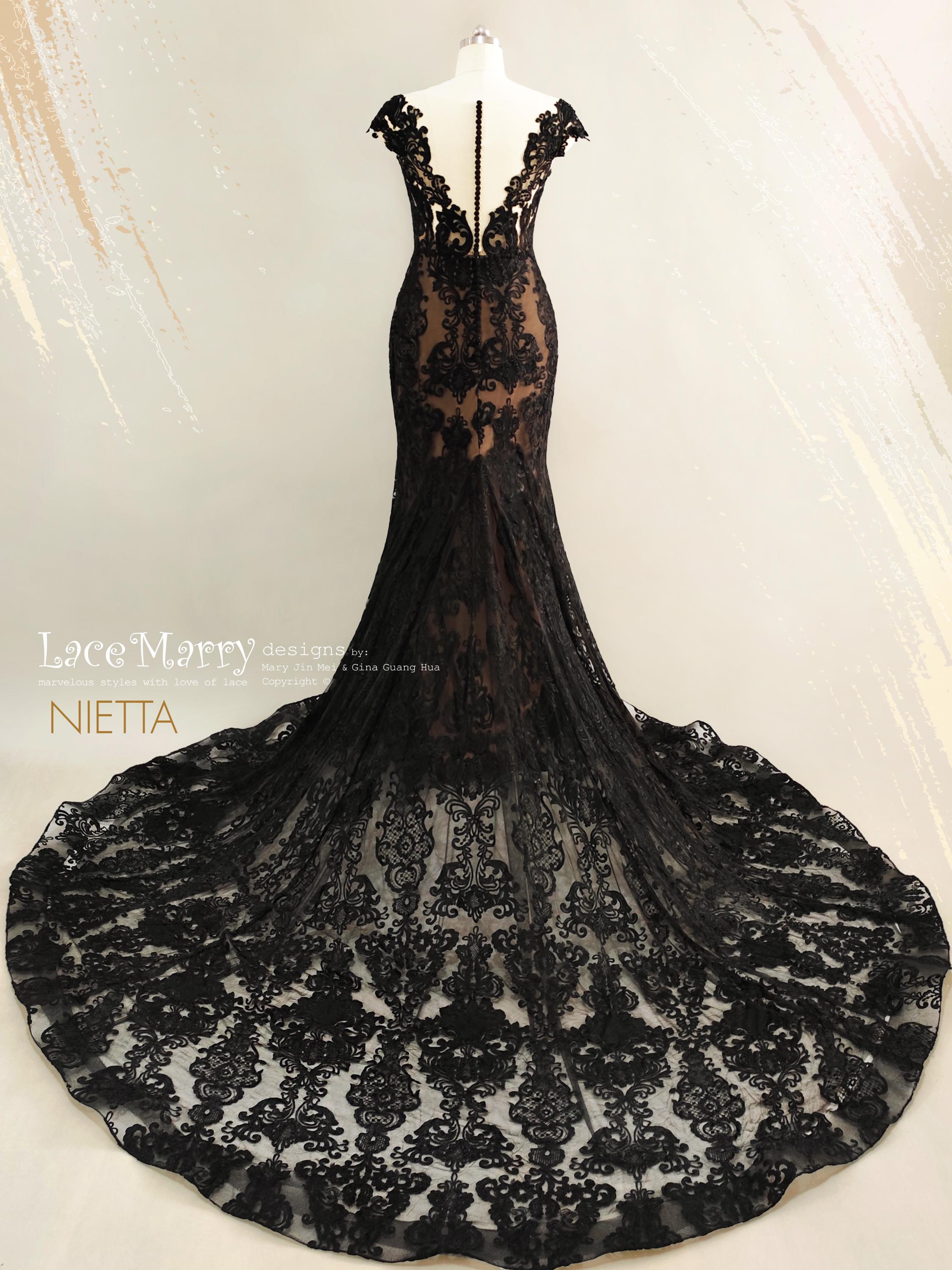 NIETTA / Mermaid Black Lace Wedding Dress, Gothic Gown With Train - Etsy