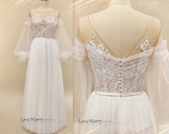 BRIANNA / Long Sleeve Tulle Boho Wedding Dress: Illusion Neckline, Balloon Sleeves