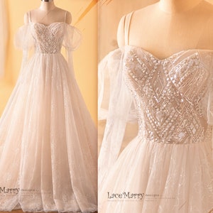 ASRANA / Off Shoulder Wedding Dress with A Line Skirt, Lace Wedding Dress with Sparkling Embellishment, Long Sleeves Wedding Dress