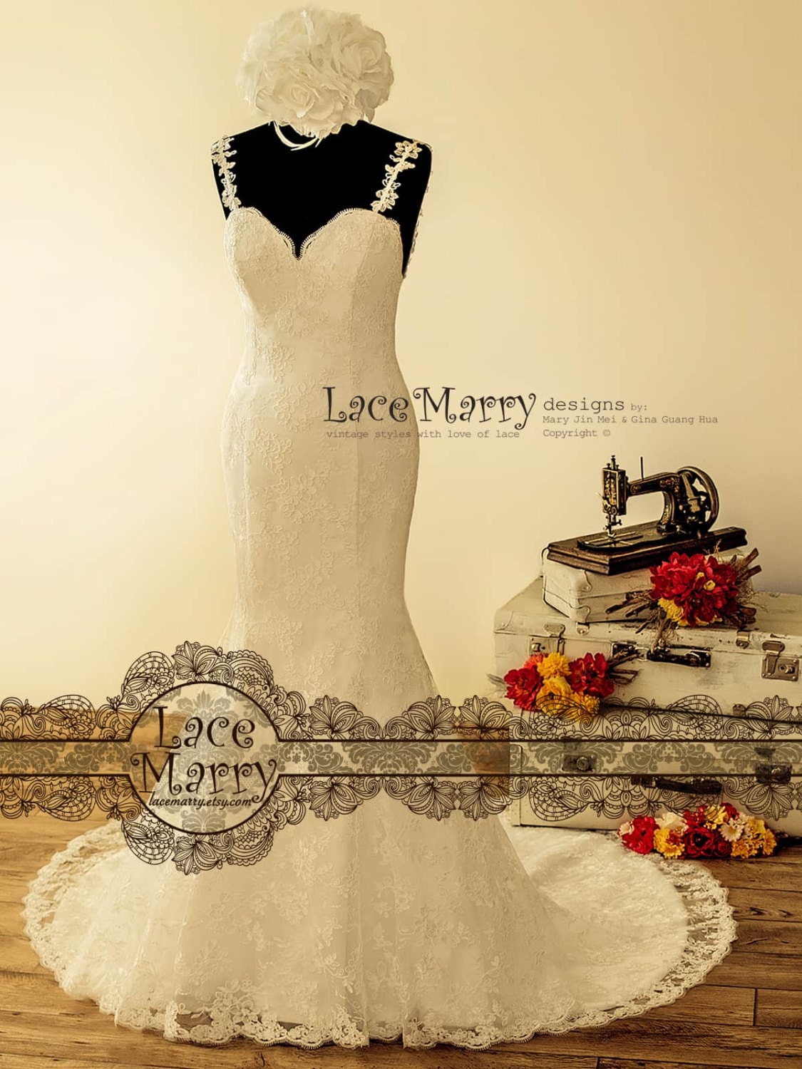 Long Sleeve Trumpet Embroidery Lace Wedding Dress