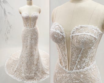 CELESTINE / Mermaid Wedding Dress with Intricate Beaded Lace and Deep Corset Plunge Neckline