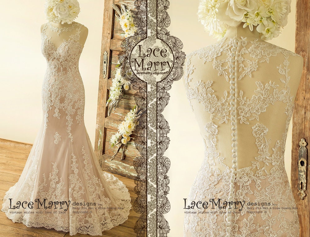 Blush Wedding Ball Gowns Mermaid Lace Floral Bridal Dress Lb1817