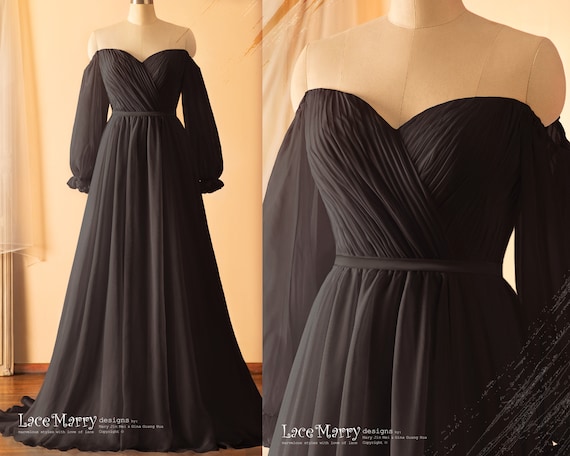 AUBREY Black Wedding Dress With Long Puff Sleeves and Cuff Gothic Wedding Dress Black Plain Wedding Dress Chiffon Wedding Dress Etsy Canada