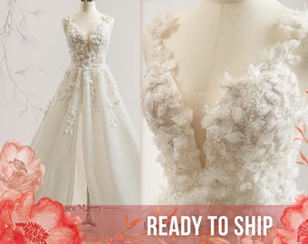 LISTO PARA ENVIAR / GRACIELA - Vestido de novia moderno con flores 3D y falda brillante en forma de A, vestido de novia con flores 3D, vestido de novia bohemio