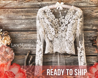 ERIKA #4 / Bridal Lace Topper with Long Sleeves, Wedding Separates with Lace Bolero, Bridal Lace Top