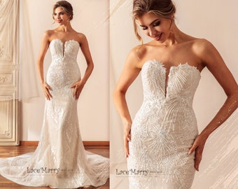 JOLENE / Strapless Plunge Wedding Dress: Beaded Appliques, Fit and Flare