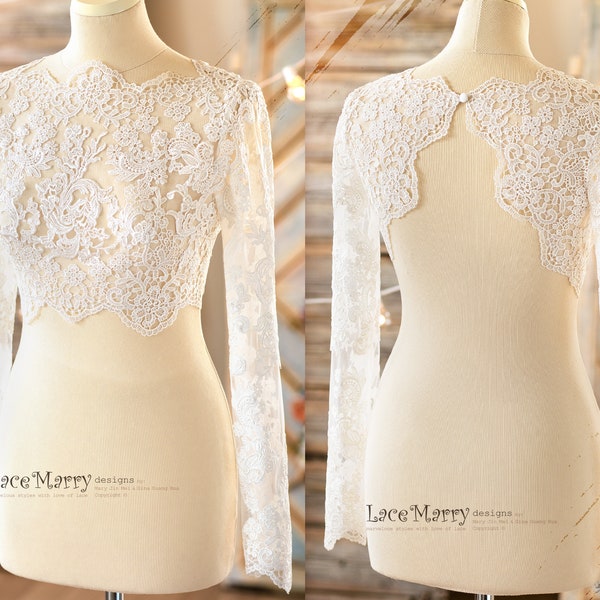 INDIE / Long Sleeves Macrame Lace Bolero with Single Button Closure, Bridal Lace Topper, Bridal Crop Top, Lace Bolero with Sleeves