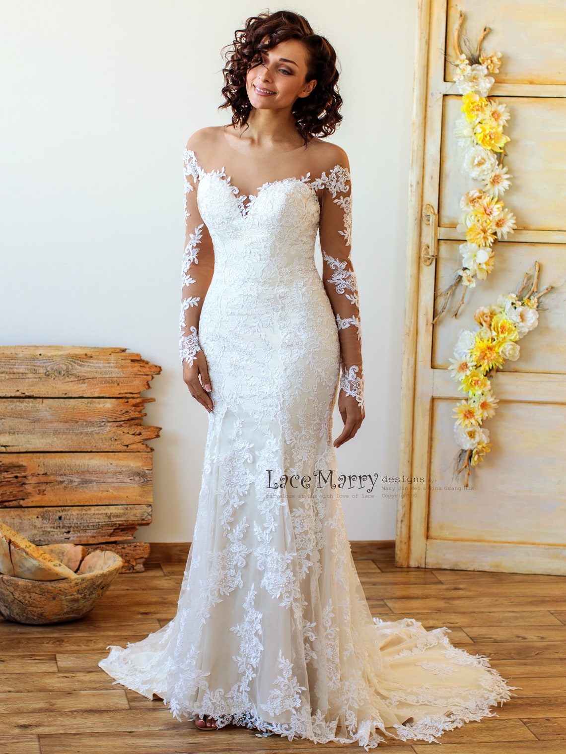 Exquisite Long Lace Sleeves Design Wedding Dress with Light image 3