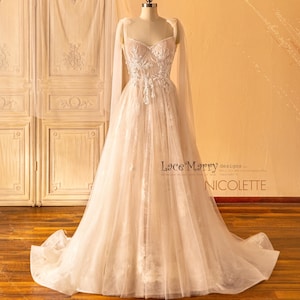 NICOLETTE / A Line Wedding Dress with Gorgeous Lace and Beading Detail, Wedding Dress with Small Cape, Custom Made Wedding Dress, Boho Gown