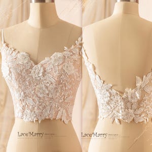 CIERRA / 3D Lace Crop Top with Thin Straps and Low V Cut Back, Boho Lace Wedding Dress, 2 Pieces Colored Wedding Dress, Bridal 3D Lace Skirt