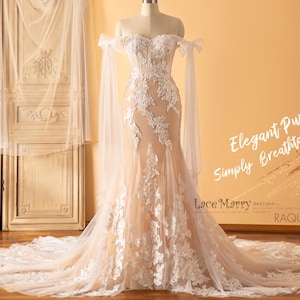 RAQUEL / Sparkling Lace Wedding Dress in Amazing Silhouette with Off Shoulder Cape Like Tulle Straps and Colored Underlay