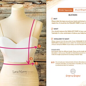 Pu&ograve; includere: Diagramma che mostra come misurare il busto, la vita e la spalla alla vita per un bustier. Il diagramma mostra un bustier bianco su un manichino con linee rosa che indicano dove misurare.
