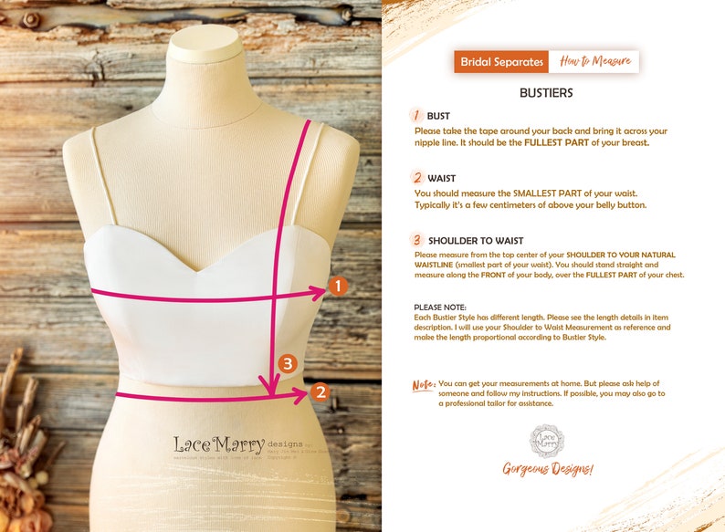 Pu&ograve; includere: Diagramma che mostra come misurare il busto, la vita e la spalla alla vita per un bustier. Il diagramma mostra un bustier bianco su un manichino con linee rosa che indicano dove misurare.