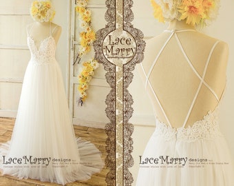Boho A-Line Wedding Dress | Criss Cross Straps, Sheer Bodice