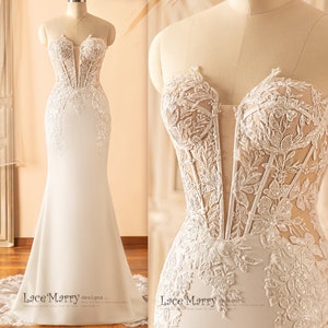 CATALINA / Ivory Crepe Wedding Dress: Plunge Neckline, Lace Train & Sparkling Appliques