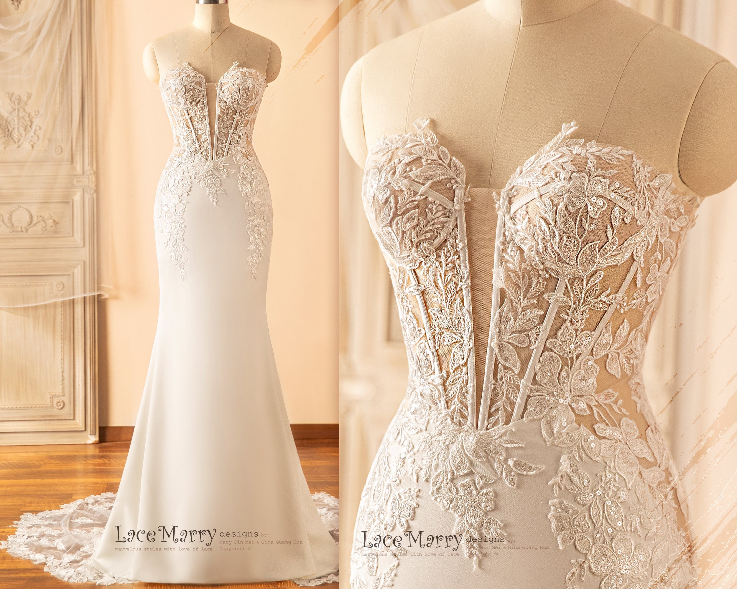 CATALINA / Breathtaking Wedding Dress with Plunge Neckline, Plain Wedding Dress with Lace Train, Crepe Wedding Dress with Spark and Train
