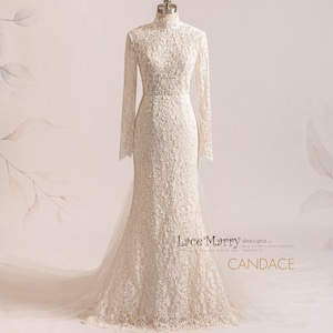 CANDACE / Full Lace Wedding Dress with Turtleneck and Long Lace Sleeves, Classical Lace Wedding Dress with Tulle Train