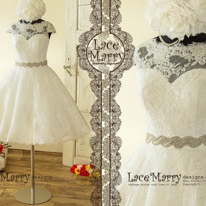 Rockabilly Inspired Wedding Dress from Lace in Knee Length with Circle Skirt, 50&#39;s Style Short Wedding Dress, Full Skirt Short Wedding Dress