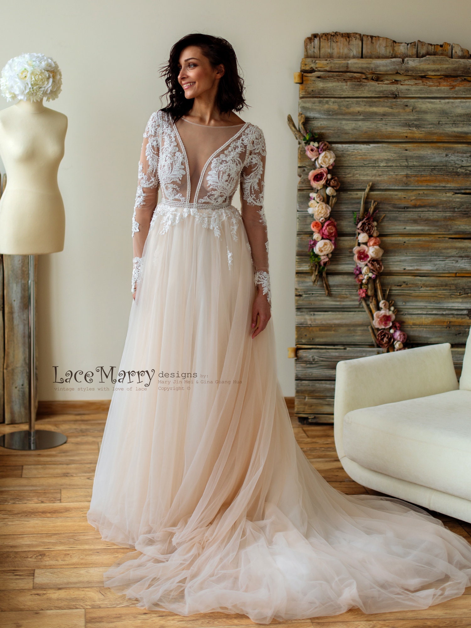 Sexy Lace Wedding Dress in Nude Tulle and Ivory Applique With Long