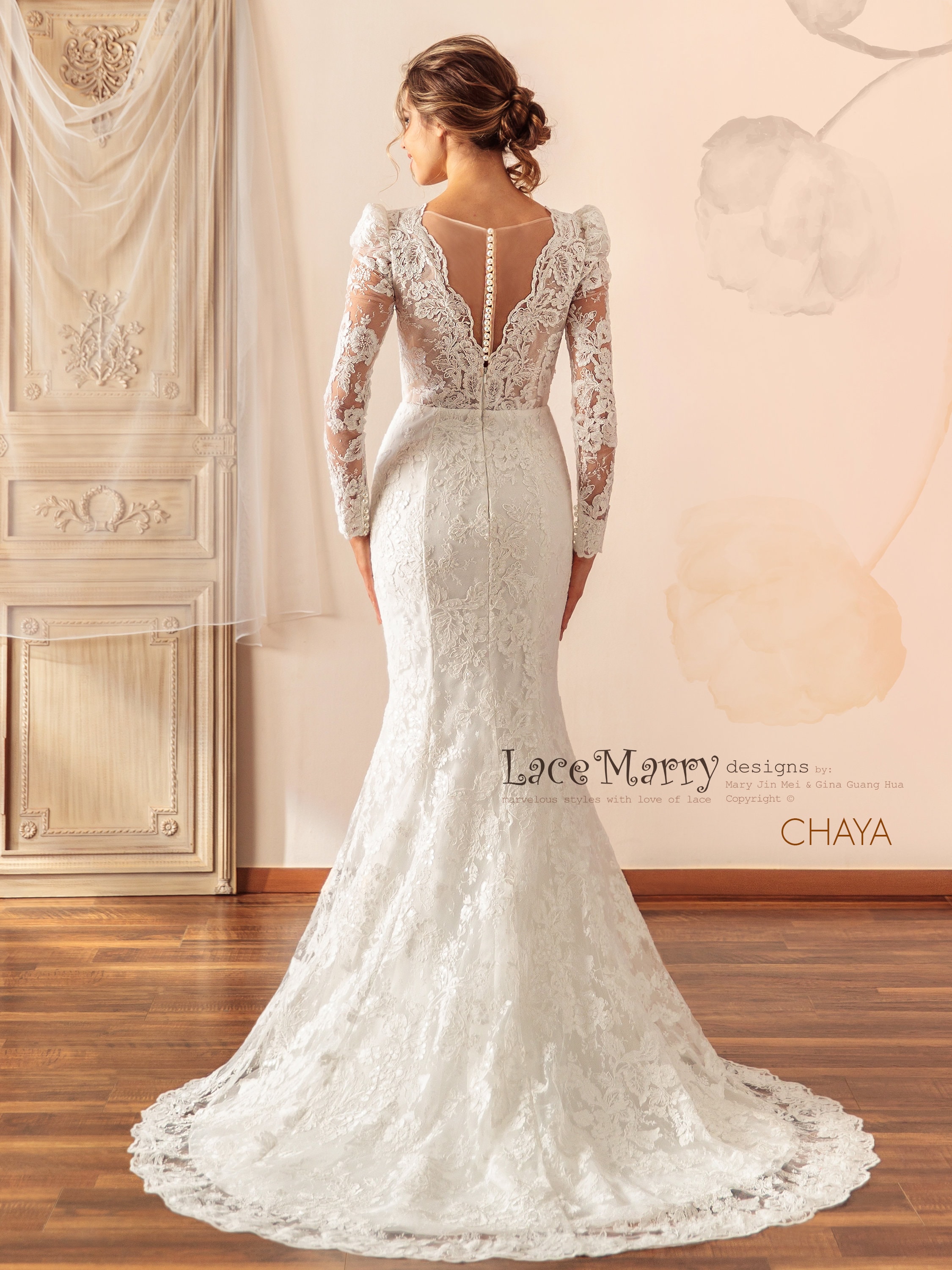 CHAYA / Sparkling Lace Wedding Dress With Puff Shoulder Long CHAYA / Sparkling Lace Wedding Dress With Puff Shoulder Long