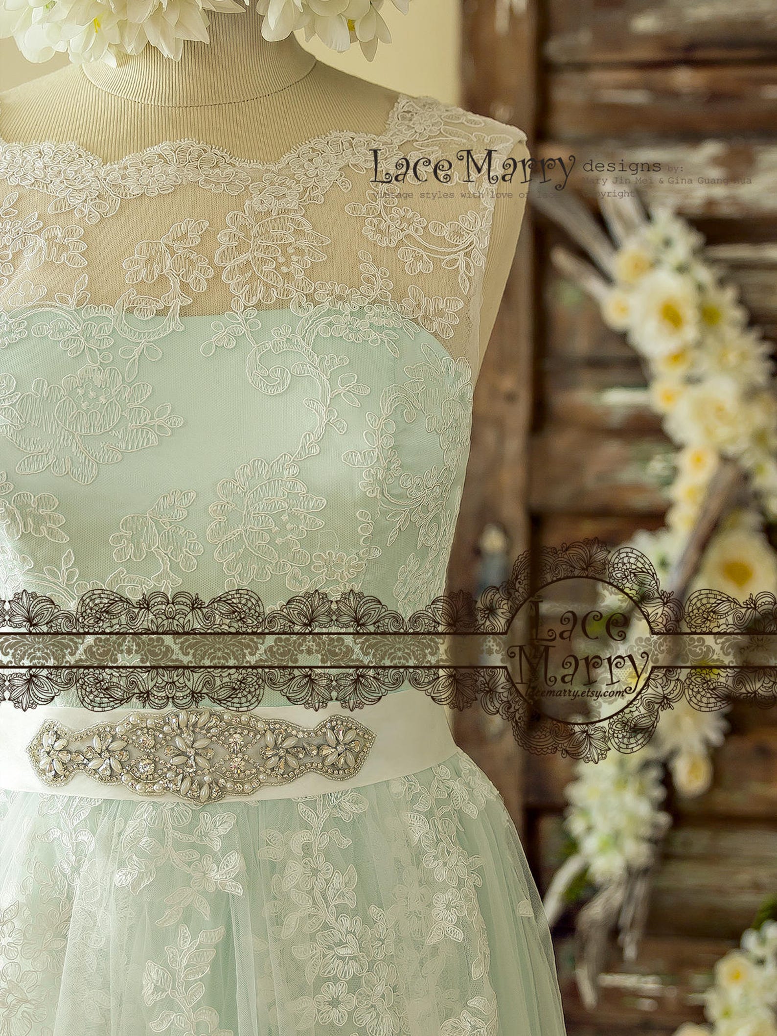 Romantic Mint Wedding Dress From Ivory Lace Airy Tulle and Etsy