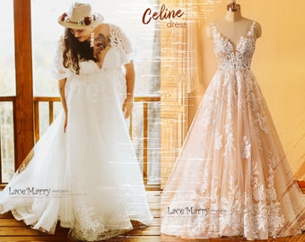 CELINE / Celine Lace Wedding Dress: A-Line Flower Embroidered Tulle, Plus Size