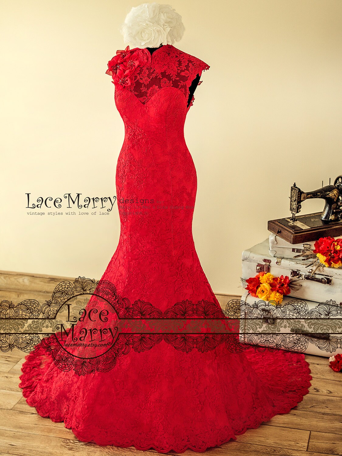 Red high neck lace dress sales