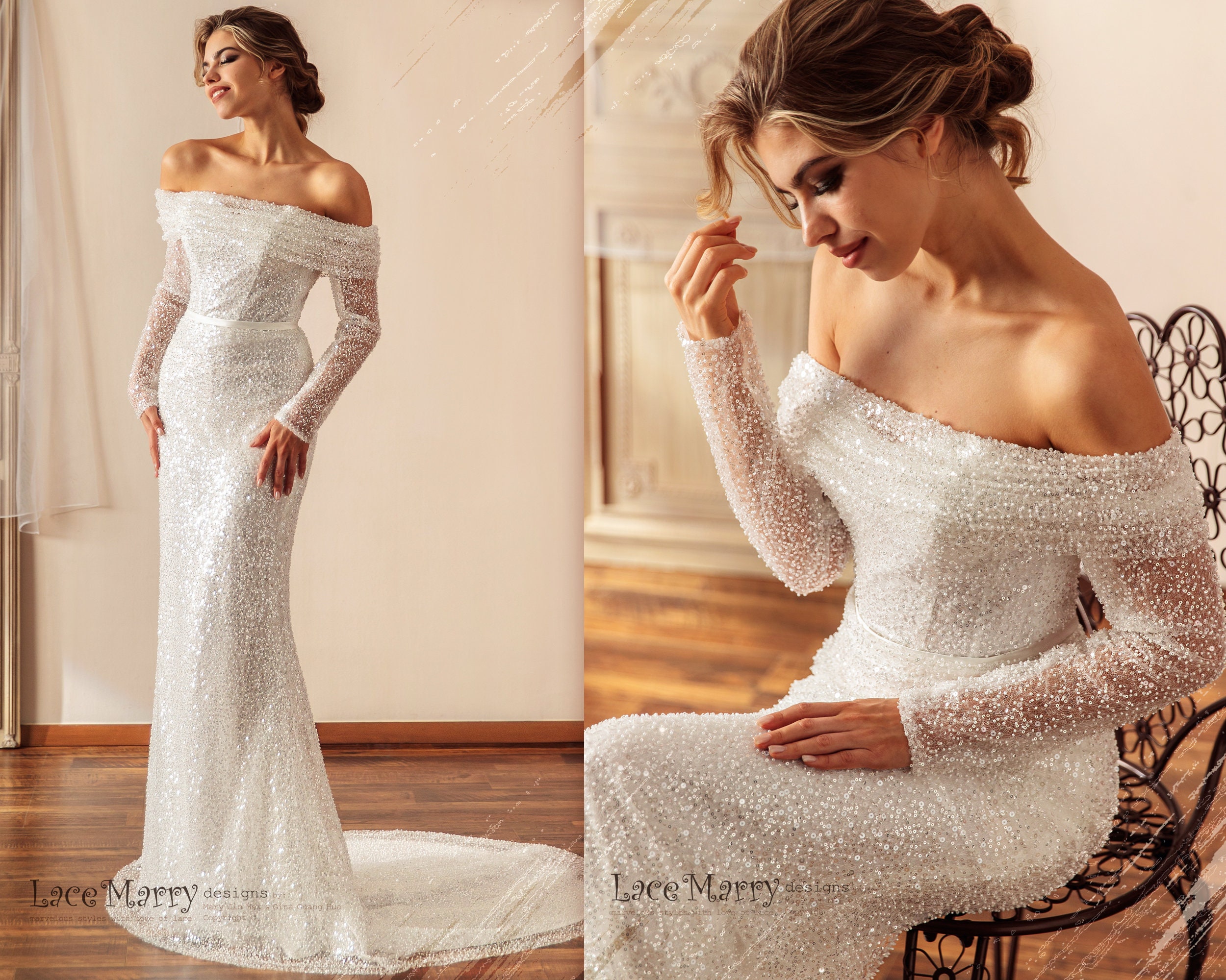 Off shoulder wedding dress long sleeve sale
