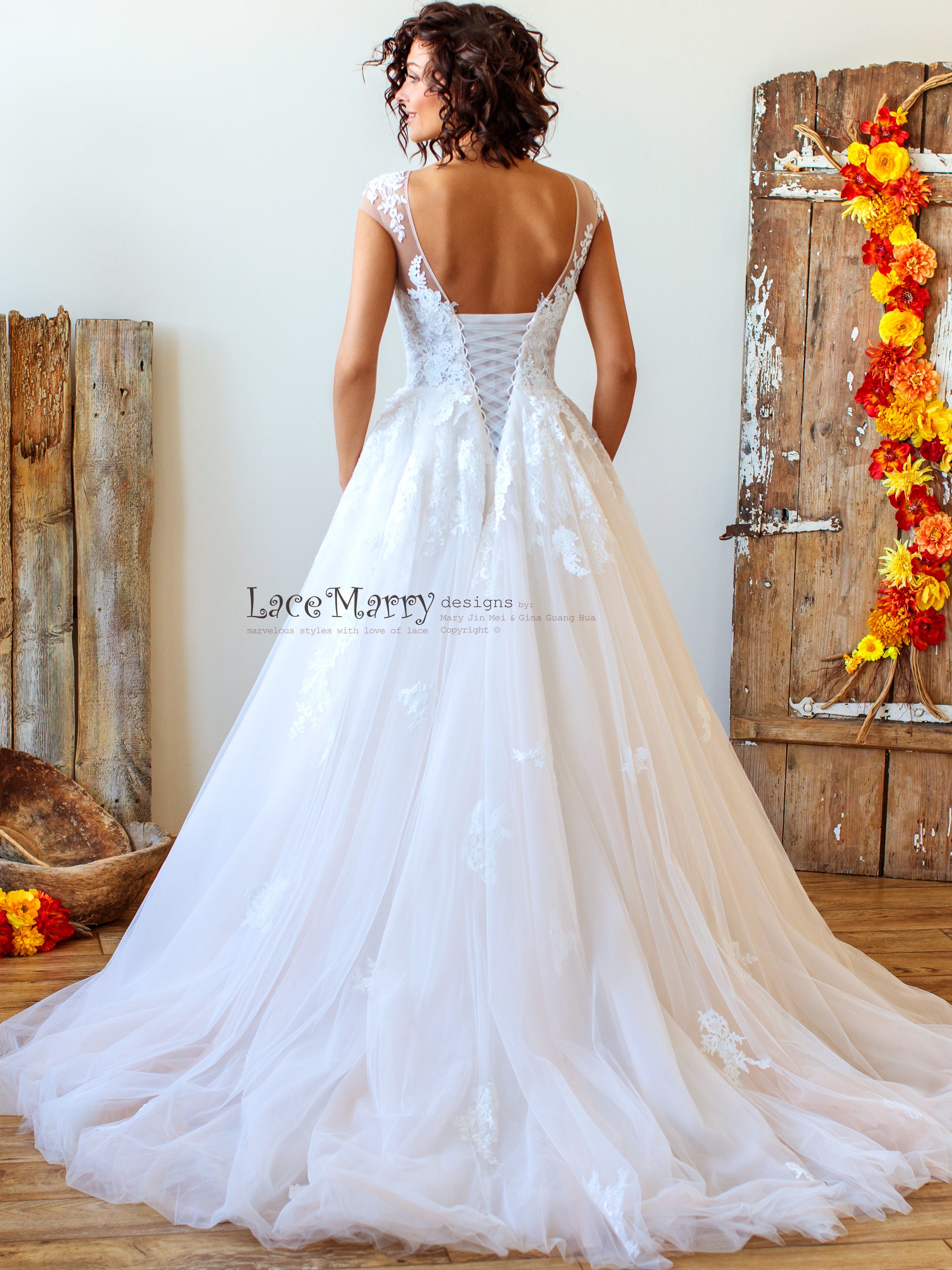 Princess Lace Wedding Dress with Ivory Floral Appliqués and Etsy