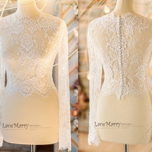 MAGNOLIA #2 / Elegant Lace Bolero with Long Sleeves and Full Row of Buttons, Lace Wedding Topper with Long Sleeves, Bridal Lace Bolero