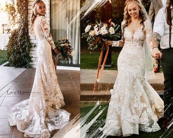 SKYE / Gorgeous Fitted Lace Wedding Dress with Long Sleeves and Train, Sexy Deep Plunge Wedding Dress with Sleeves, Fitted Wedding Dress