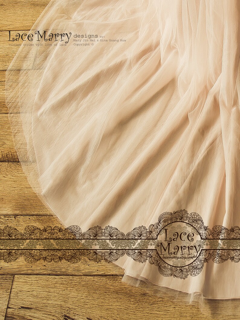 May include: A close-up of a pale peach tulle fabric with a delicate, intricate lace trim. The fabric is draped over a wooden surface. The text "Lace Marry designs by Mary Jin Mel & Gina Quang Hua vintage styles with love of lace Copyright &copy;" is visible at the top of the image. The text "Lace Marry lacemarty.etsy.com" is visible at the bottom of the image.