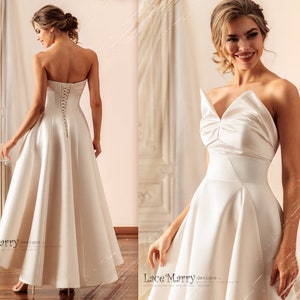 HELENA / Pointy Neckline Wedding Dress in Ankle Length, Light Champagne Wedding Dress, Simple Short Wedding Dress, Reception Dress
