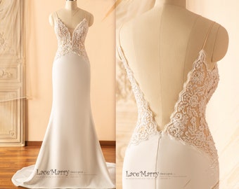 ASPEN / Deep Plunge Beaded Wedding Dress with Plain Fitted Skirt, V Back Wedding Dress, Bridal Dress with Straps, Sexy Wedding Dress