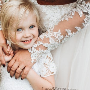 Beautiful Boho Style Wedding Dress with Long Lace Sleeves Featuring Illusion Neckline and Back with Buttons Through and Airy Tulle Skirt image 3