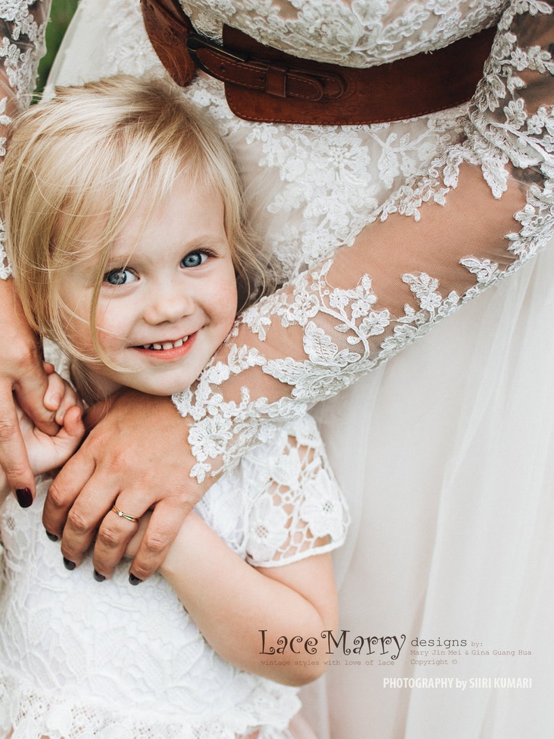 Beautiful Boho Style Wedding Dress with Long Lace Sleeves Featuring Illusion Neckline and Back with Buttons Through and Airy Tulle Skirt image 3