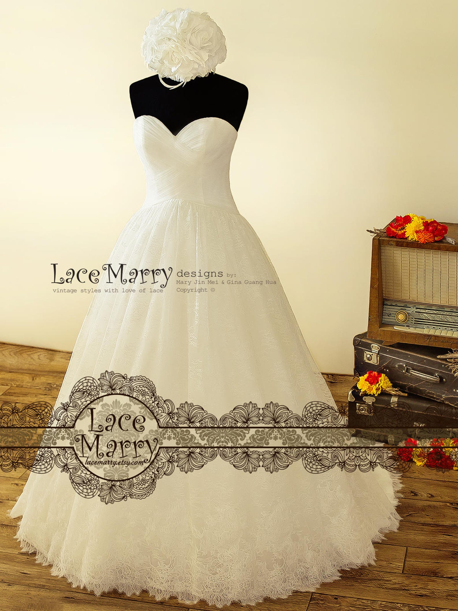 Strapless Lace Wedding Dress With Sweetheart Neckline Cross Etsy