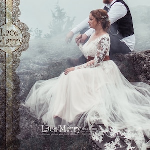 Beautiful Boho Style Wedding Dress with Long Lace Sleeves - A Line Boho Wedding Dress with Long Lace Sleeves, Tulle and Lace Wedding Dress