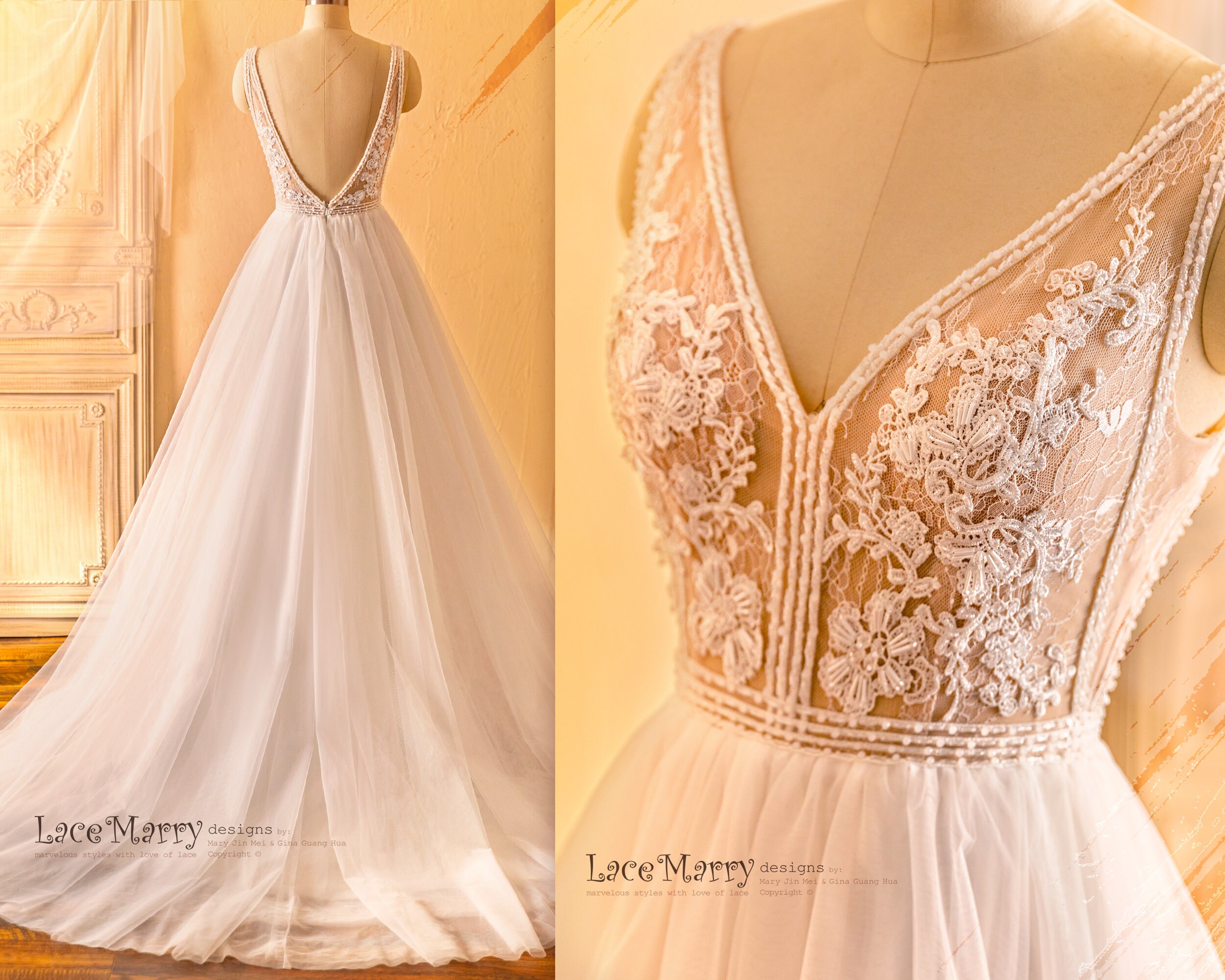 MARGOT / Boho Wedding Dress with Deep V Back and Amazing Floral Bodice with Hand Beading, A Line Boho Tulle Wedding Dress, Bohemian Gown