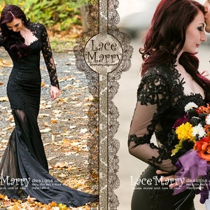 Black Wedding Dress with Sheer Open Back, Buttons and Long Sleeves in Floor Length with Transparent Slits and Train Renewal Dress Bild 1