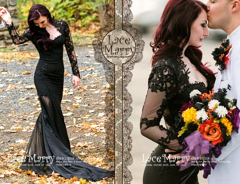 Black Wedding Dress with Sheer Open Back, Buttons and Long Sleeves in Floor Length with Transparent Slits and Train Renewal Dress image 1