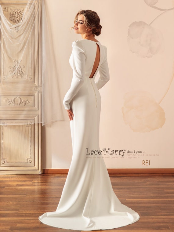 sachin and babi light blue dress REI / Puff Shoulder Sleeve Simple Wedding Dress, Civil Wedding Dress, Plain Wedding  Dress With Long Sleeves and Keyhole Back