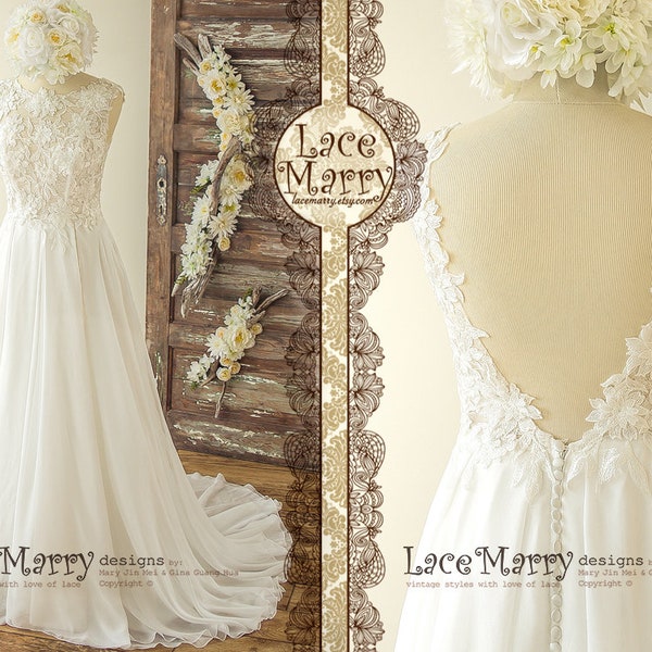 SAREYA / Sexy Open Back Lace Wedding Dress with A Line Silk Chiffon Skirt, Boho Wedding Dress Summer Wedding Dress Light Beach Wedding Dress