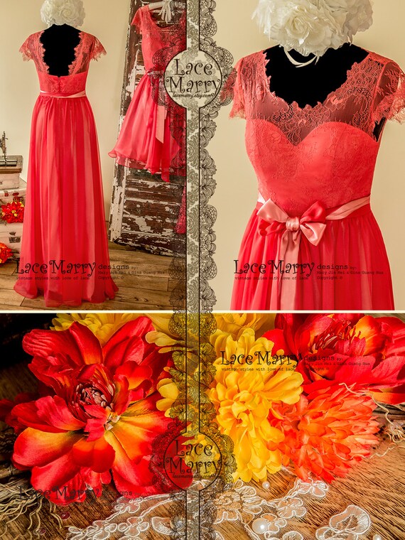 Coral Long Bridesmaid Dress in Chantilly Lace and Flowy Silk Etsy