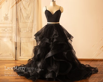 LINDA + MILLINERY #3 / Black Wedding Dress with V Neck Separate Plain Bustier and A Line Tulle Skirt, Gothic Wedding Dress Set