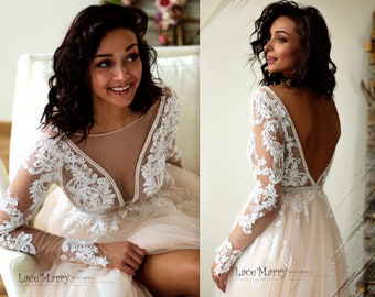 PERSEFONE / Long Lacy Sleeves Wedding Dress with Sexy Plunge Neckline and A Line Tulle Skirt, Sexy Wedding Dress, Tulle Wedding Dress