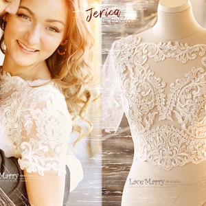 JERICA / Short Sleeves Lace Bolero with Sparkling Appliques, Bridal Bolero, Wedding Crop Top, Lace Topper, Wedding Dress Top