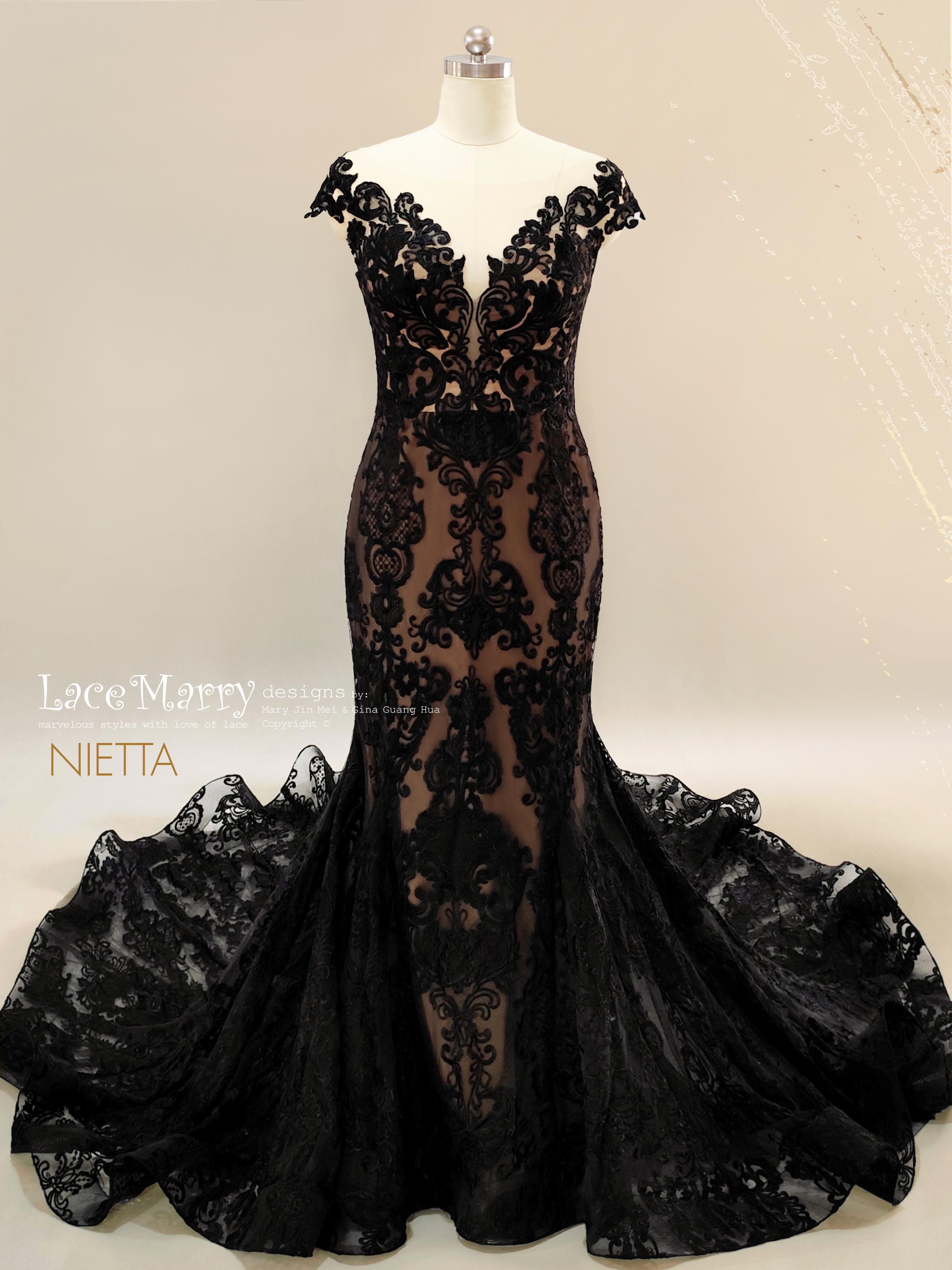 NIETTA / Mermaid Black Lace Wedding Dress, Gothic Gown With Train - Etsy